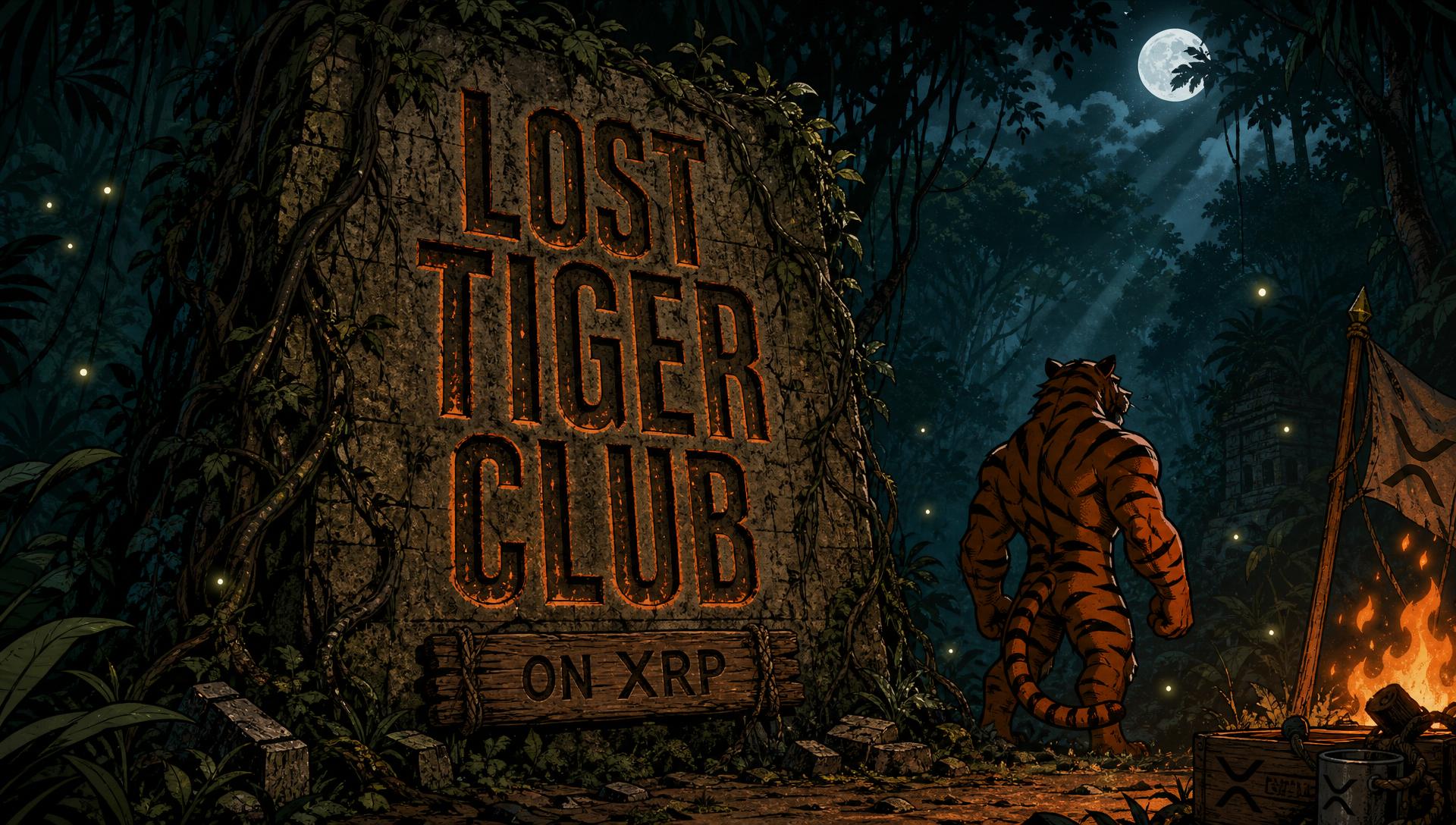 Lost Tiger Club carved into an ancient jungle stone, the orange tiger standing beside it