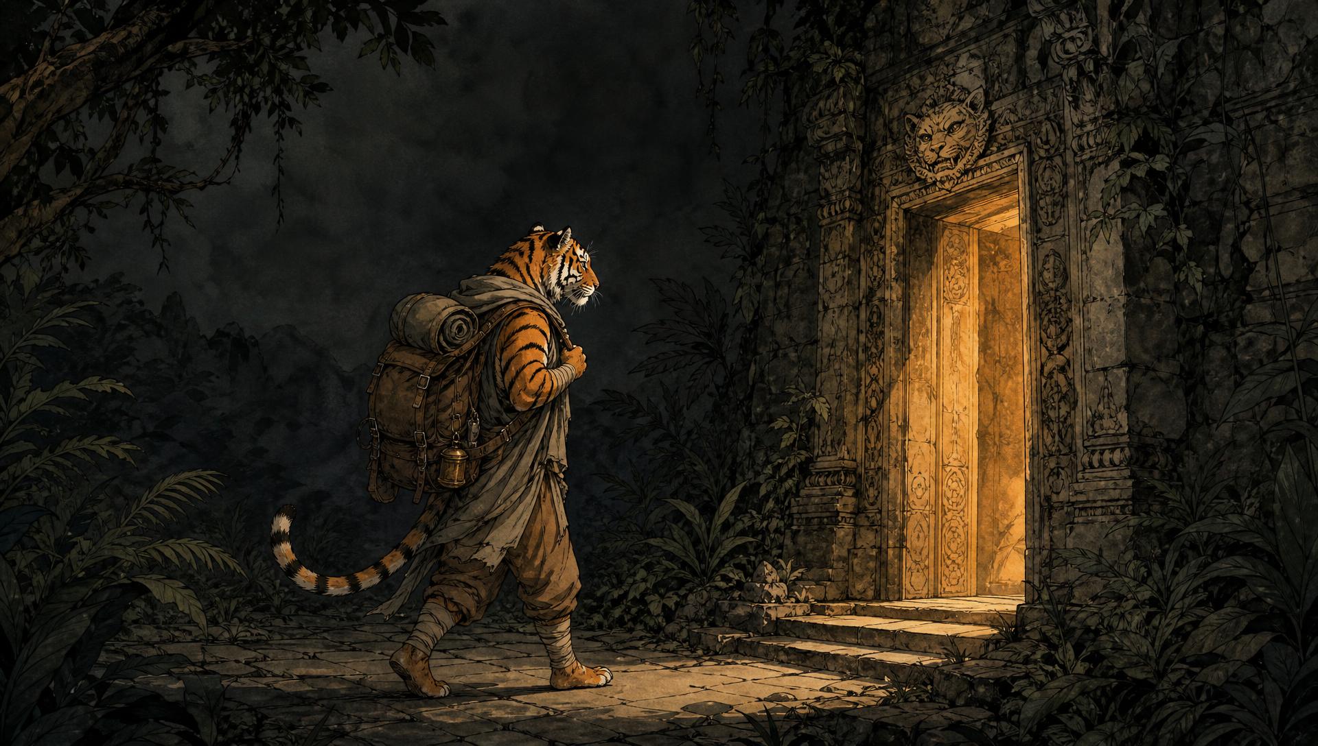 Deep jungle in the dark, lit only by a moving torch