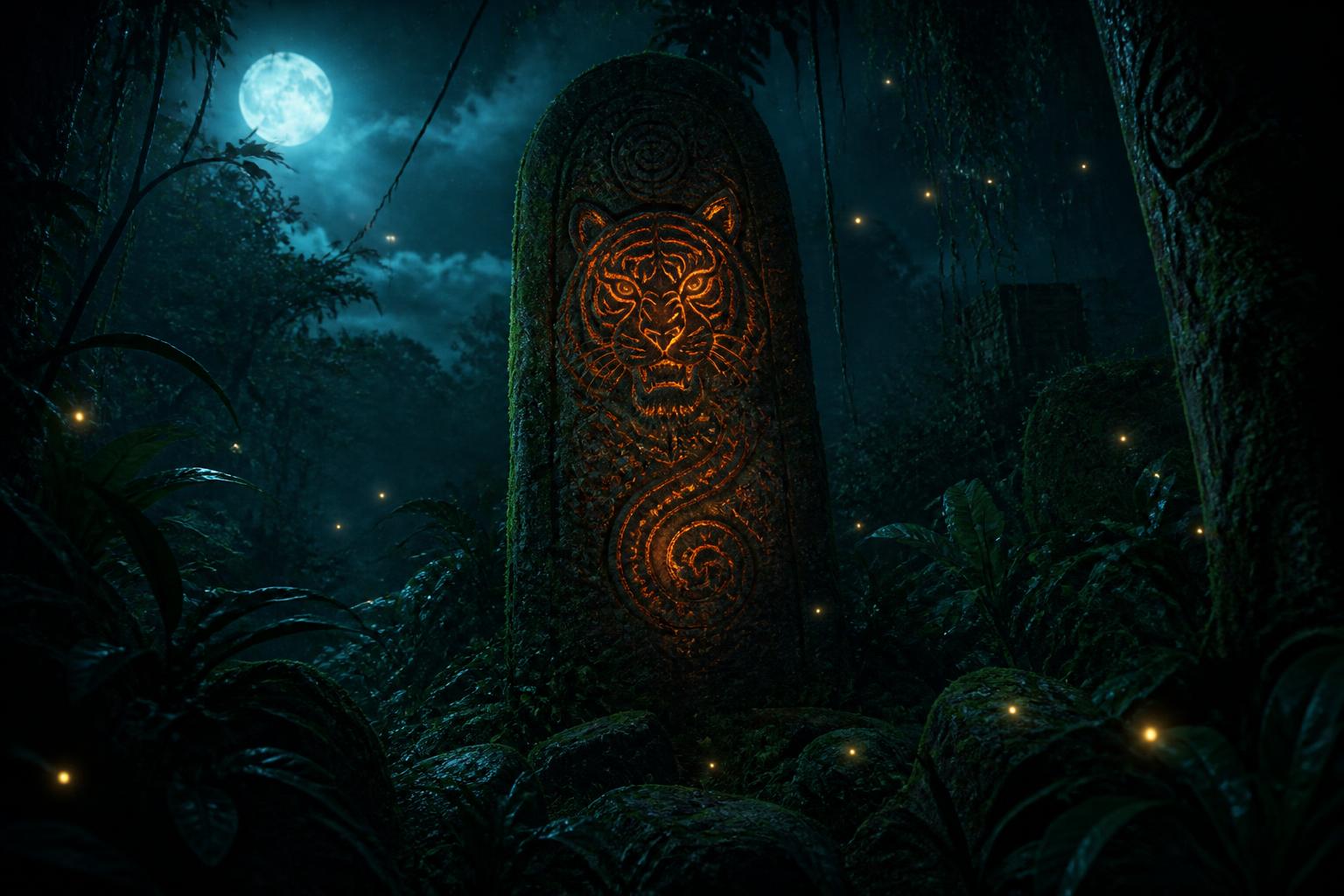 A moss covered monolith with glowing tiger carvings